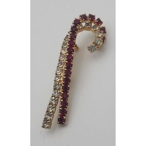 Vintage gold tone red white rhinestone candy candy Christmas holiday brooch pin